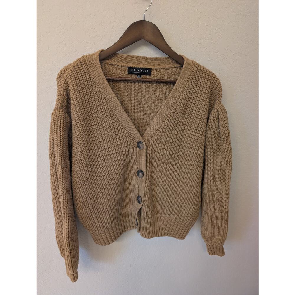 Eloquii Tan Cable Knit Cardigan w pleated sleeves Grandmacore Sz 14/16